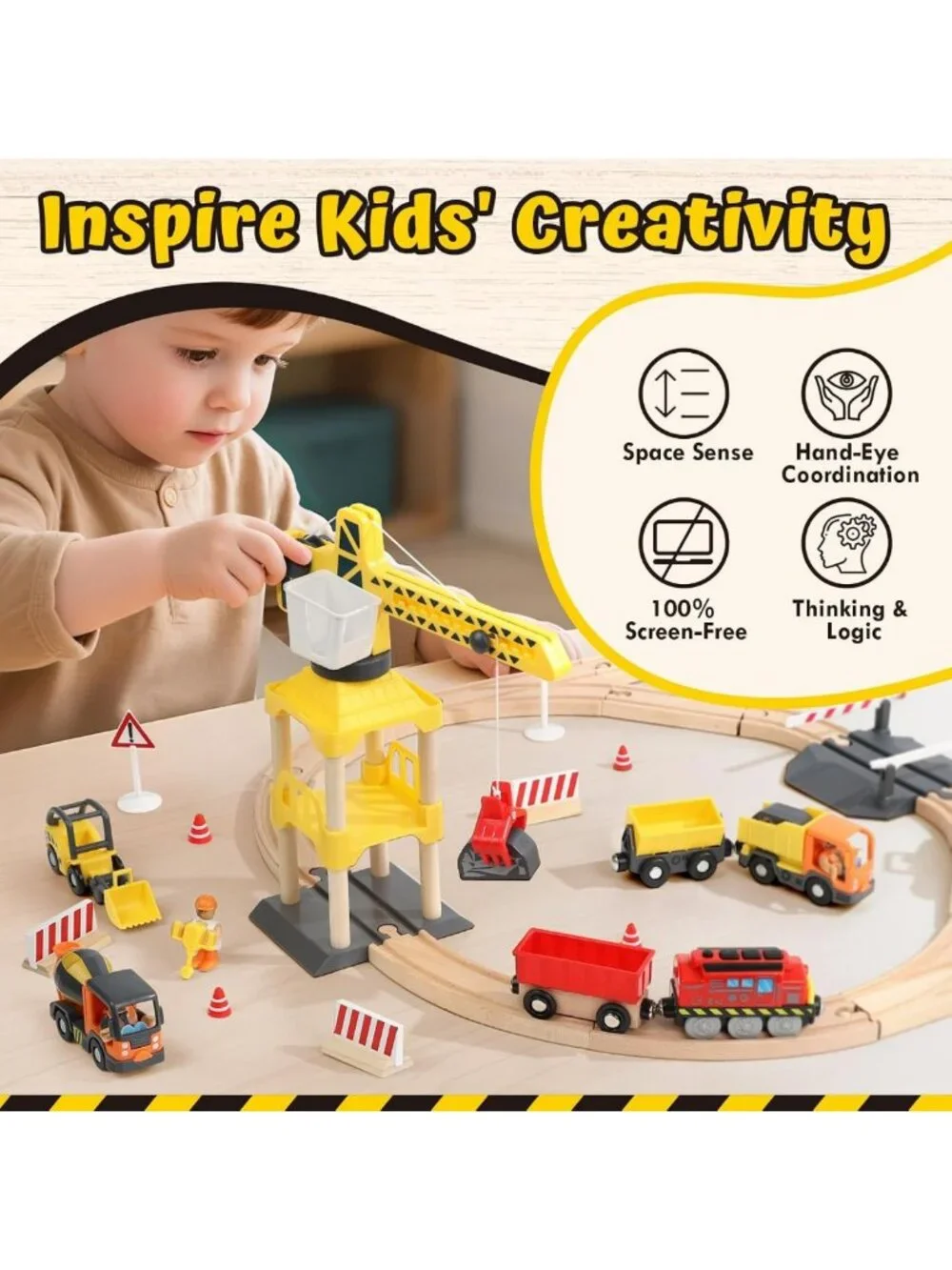 Wooden Train Set for Kids | Construction Toys w/ Crane & Track | Toddler Gift